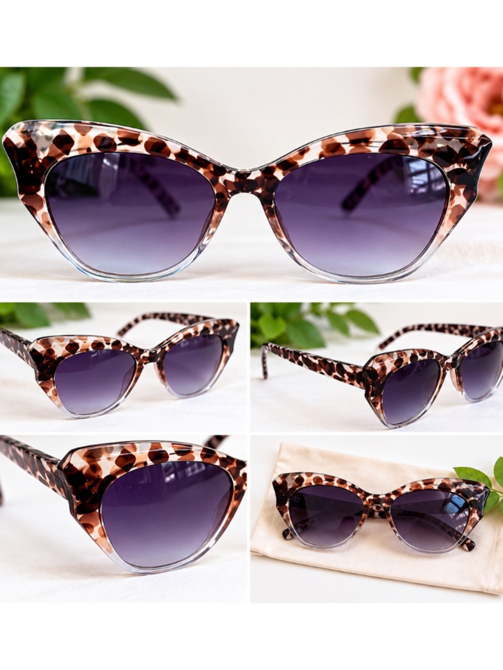 Leopard Print Cat Eye Fashion Sunglasses | Brown Tortoise Frame | Gradient Lens - Picture 2 of 4